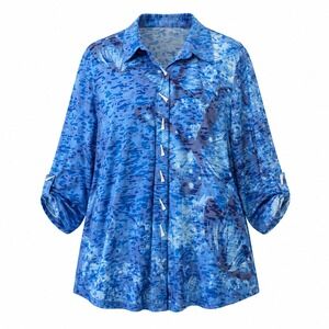 Ali Miles XL Blue Butterfly Print Button Down Long Sleeve‎ Shirt Lightweight